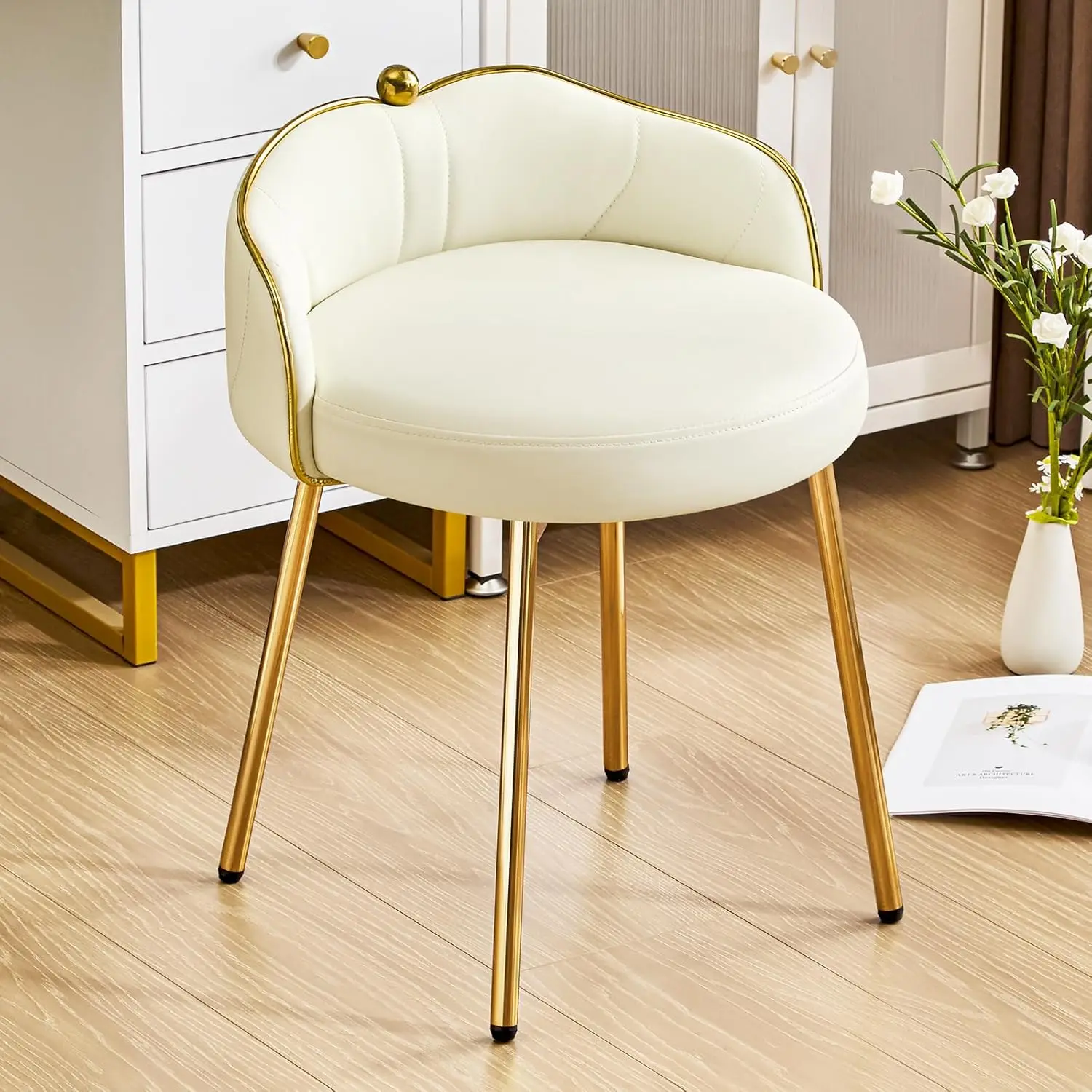 Vanity Chair with Base, Cute Armless Leather Desk Chair No Wheels, Small Modern Makeup Chair with Mid Back for, Customized