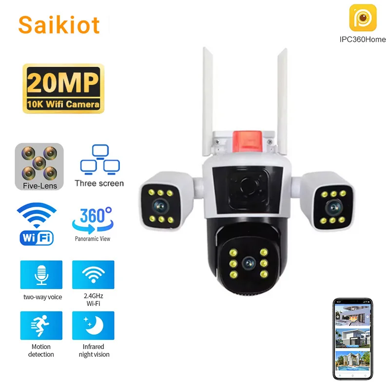 

Saikiot 20MP WIFI PTZ Camera 5 Lens 3 Screens 10X Zoom Outdoor Auto Tracking Smart Camera Two Way Audio CCTV Security PTZ Camera