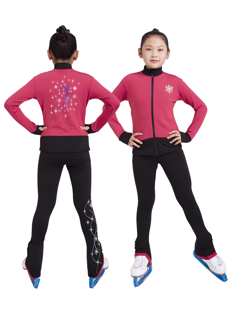 Figure skating performance skirt set with fleece jacket and fleece skating pants