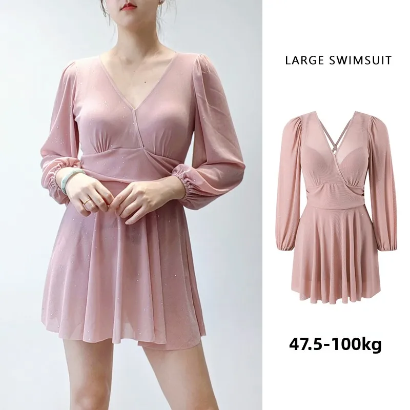 

Faionable plus Size Swimsuit for Women Long Sve Skirt Sle Conservative Hip Size Summer Swimwear for Plump Girls