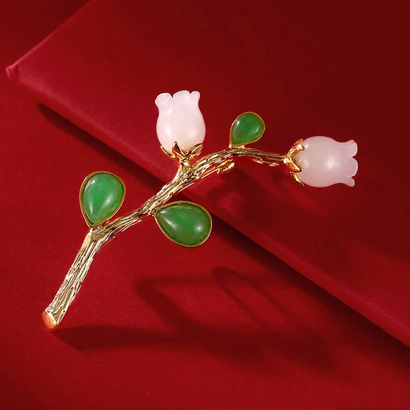 Inspiration design natural Hetian pink jade flower green chalcedony brooch Chinese style fresh cheongsam corsage accessories