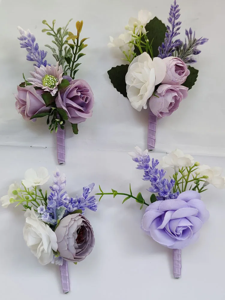 Purple Boutonniere Wedding Accessories Buttonhole Men Bride Bridesmaid Lavender Artificial Flowers Prom Corsage Table Decoration