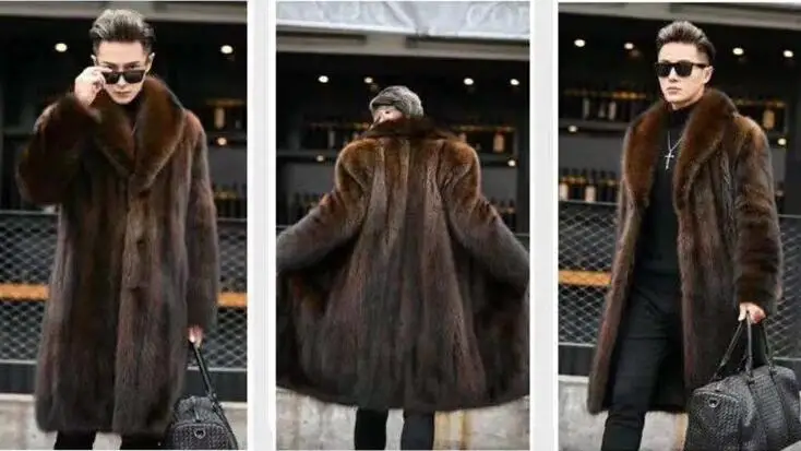 Men\'s Mid Length Coat Winter Fashion New Thickened Casual Loose Fit Black Lapel Faux Fur Coat Male