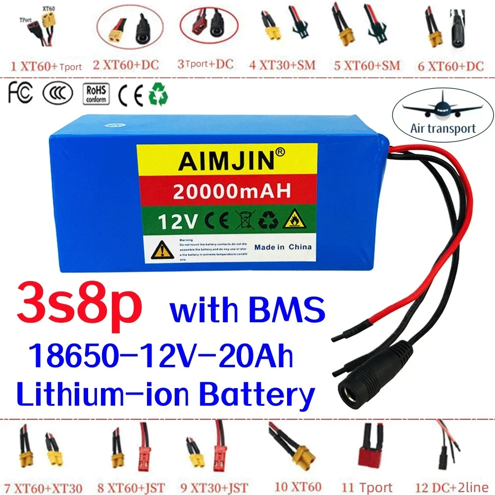 3s8p 12V 20Ah battery pack 18650 lithium ion 12V 20000mAh DC12.6V super large capacity Rechargeable battery with BMS + charger