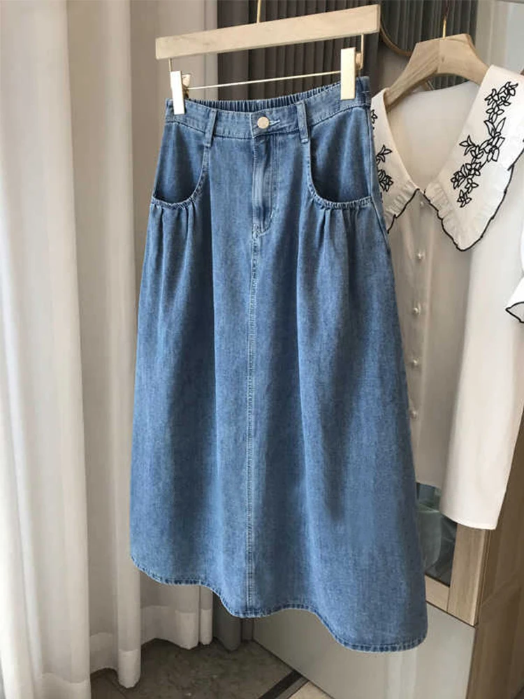

Women Denim Skirt Summer Elastic Waist Solid Color Thin Mid-length A-line Skirt Loose Casual Plus Size Female Skirt