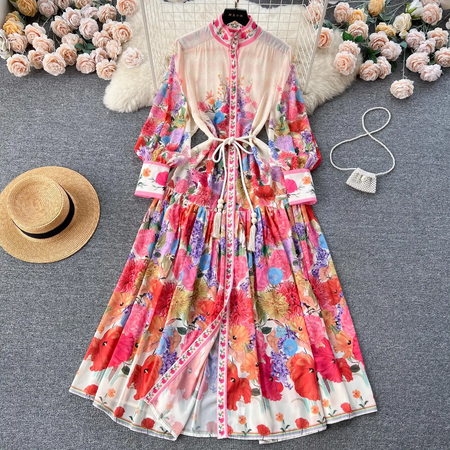 2024 primavera vacanza fiore vestito allentato supporto da donna manica lunga monopetto Lace Up stampa floreale abito in Chiffon Vestidos