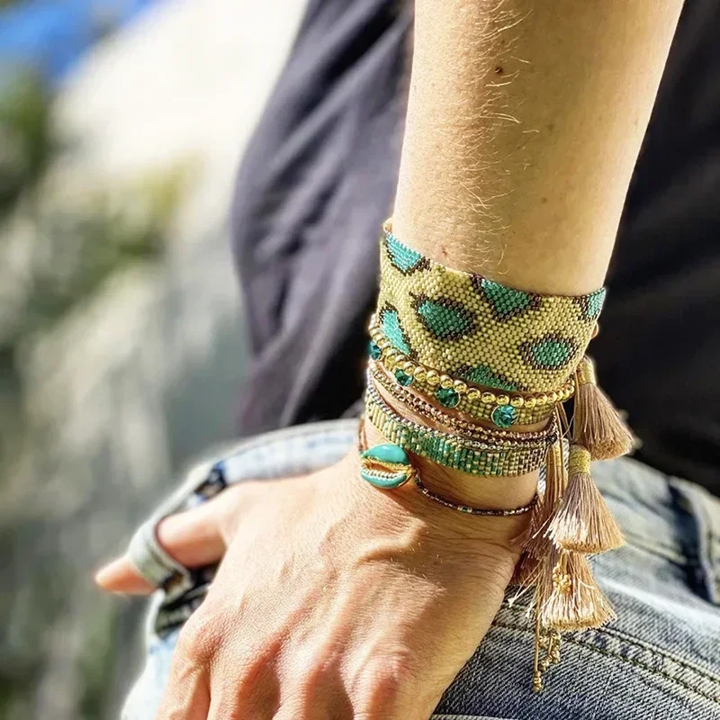 Rice bead bracelet Leopard print Heart Arrow shell Green Originality Design Hand knitting Bohemia Fashion  Beaded bracelet set