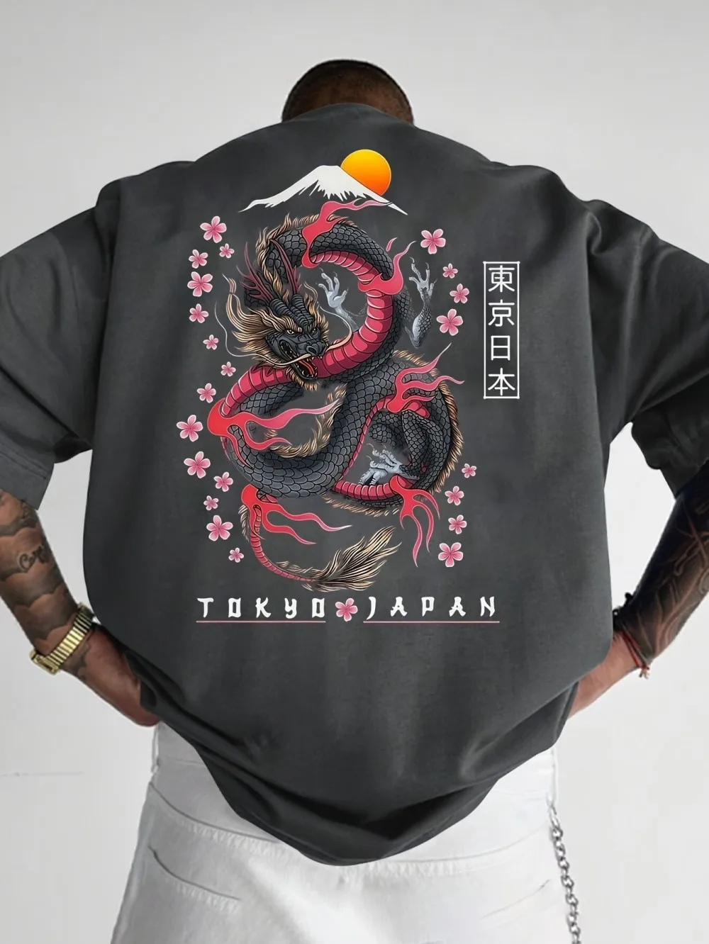 Fashionable men's summer new dragon print flower comfortable breathable round neck T-shirt outdoor street style top