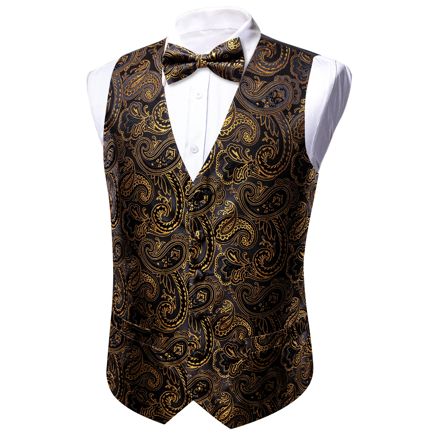 Barry.Wang Silk Men Vest Bowtie Hanky Cufflinks Set Jacquard Paisley Floral Waistcoat Sleeveless Jacket Wedding Business Gift
