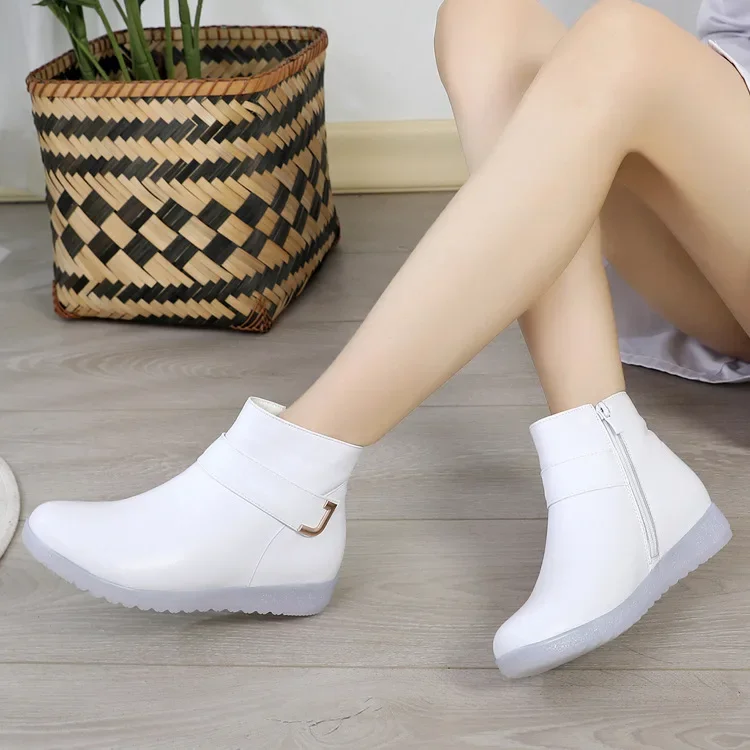 Botas de couro genuíno com laço feminino, botas de neve de algodão branco, sapato antiderrapante, com inclinação quente, enfermeira, inverno, nova moda, 2024