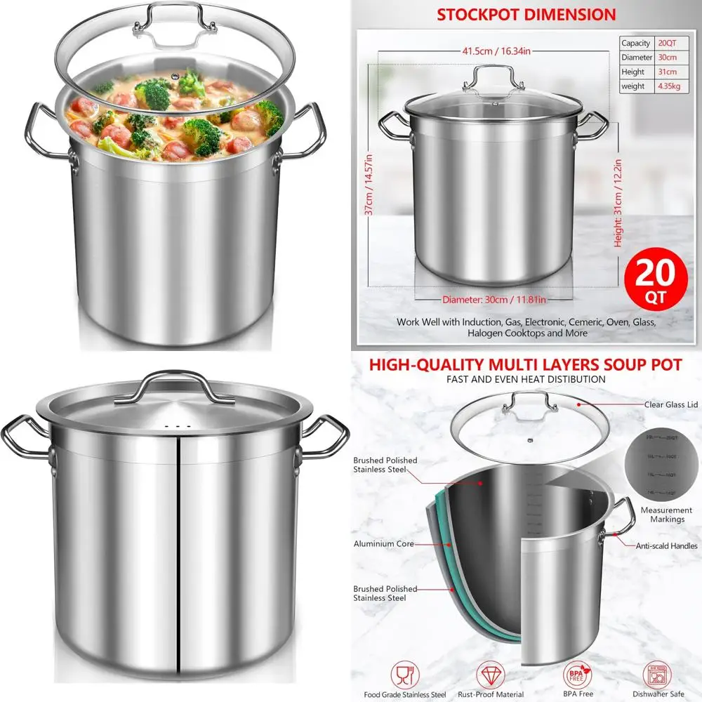 

Commercial Grade 20-Quart Stainless Steel Stock Pot with Glass Lid - Nickel-Free Cookware for Healthy Polished Finish Soup Makin