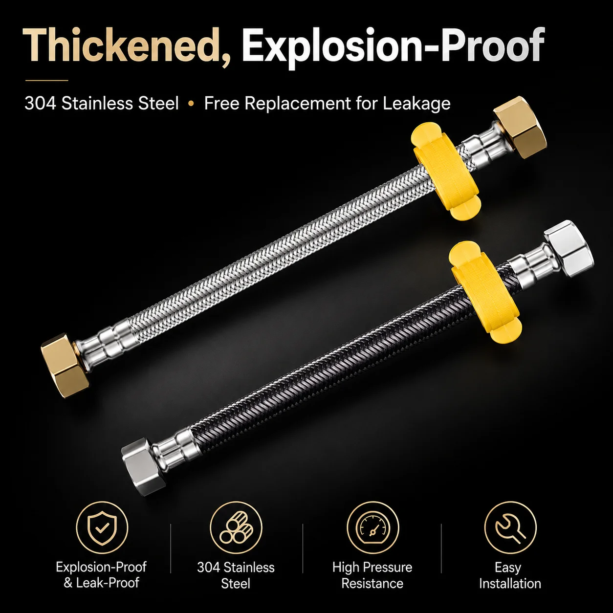 G1/2 304 Stainless Steel Braided Hose with Brass Nut Explosion-Proof Inlet Flexible Pipe for Toilet Water Heater Faucet