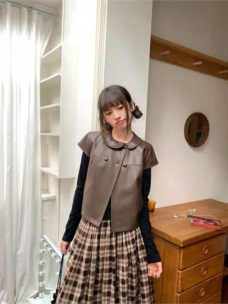 

Жилет из искусственной кожи с воротником Питера Пэна, женская осенняя свободная винтажная куртка на одной пуговице, американская уличная одежда, универсальная укороченная верхняя одежда