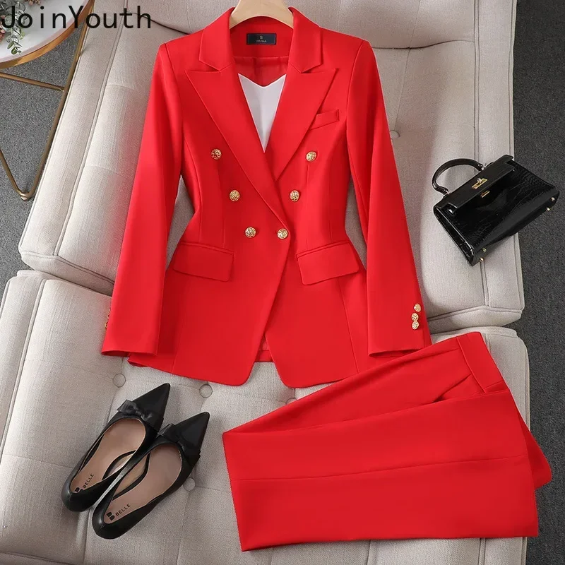 Elegant 2 Piece Set Women\'s Clothing Double-breasted Blazer Coat High Waist Straight Pants Suit Korean Femme Office Outfits