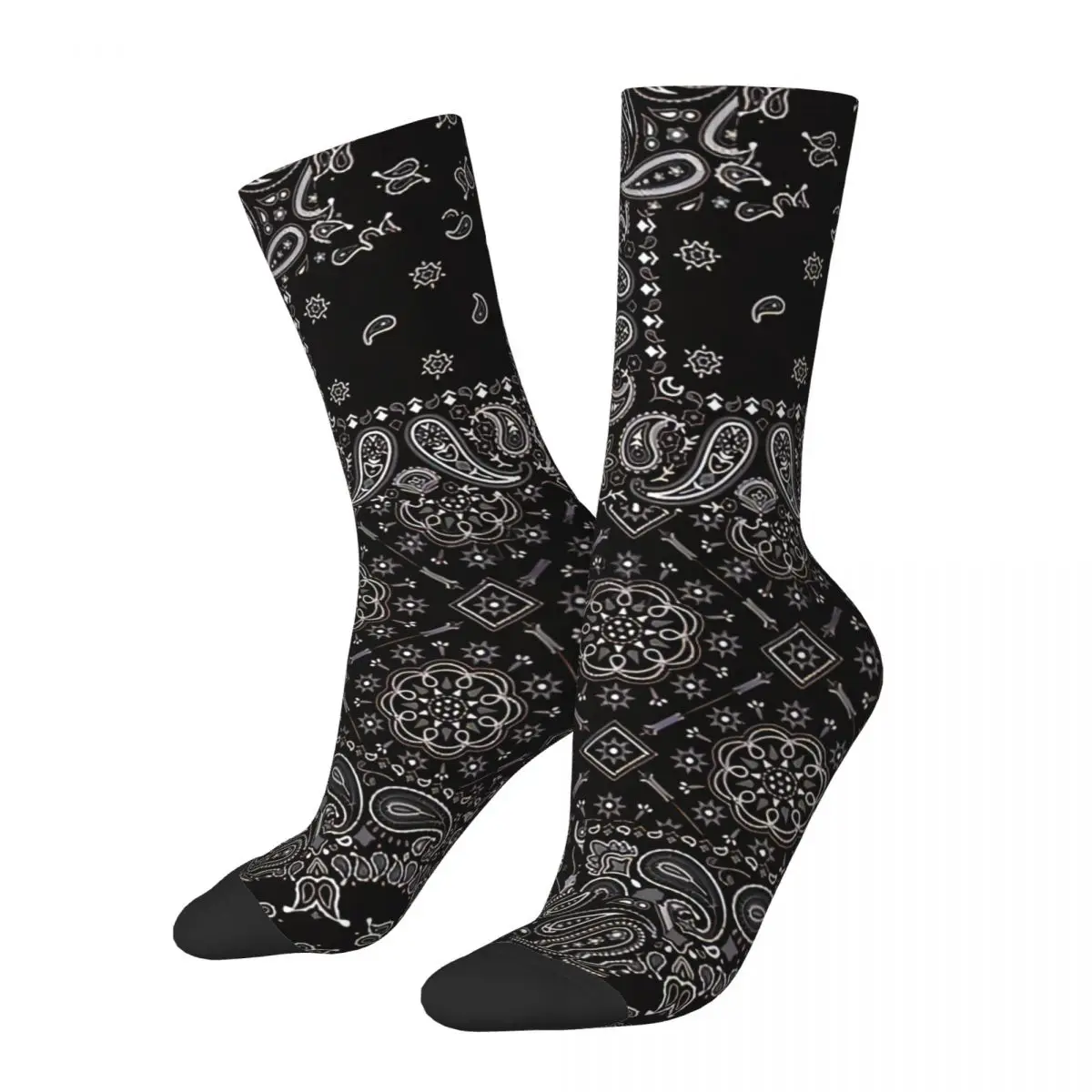 

Funny Crazy Sock for Men Black Paisley Bandana Fabric Patchwork Hip Hop Harajuku Paisley Style Pattern Printed Boys Crew Sock