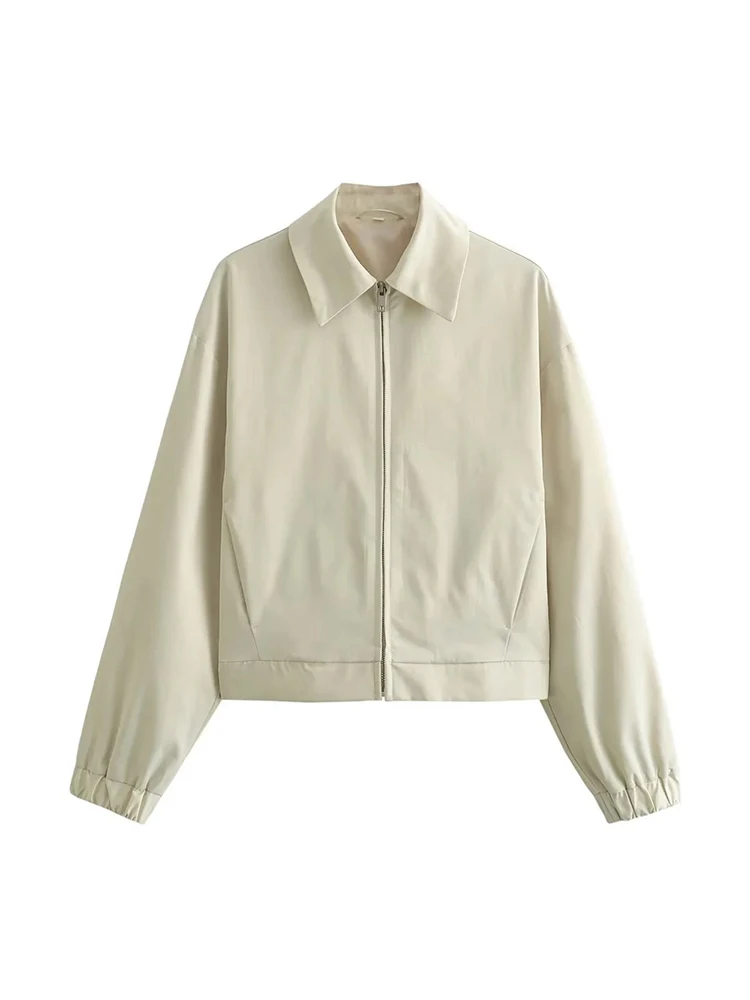 

2024 Summer Ladies Casual Zipper Fly Elastic Cuff Solid Short Jackets Women Turn-Down Collar High Waist Elastic Straight Outwear