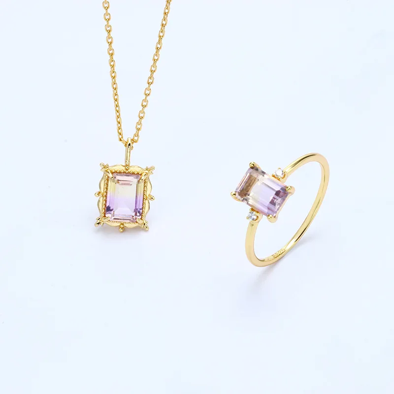 LAOOM Vintage Gemstone Rings Natural Ametrine Ring For Women Square Amethyst  925 Sterling Silver Gold Plated Fine Jewelry RI191