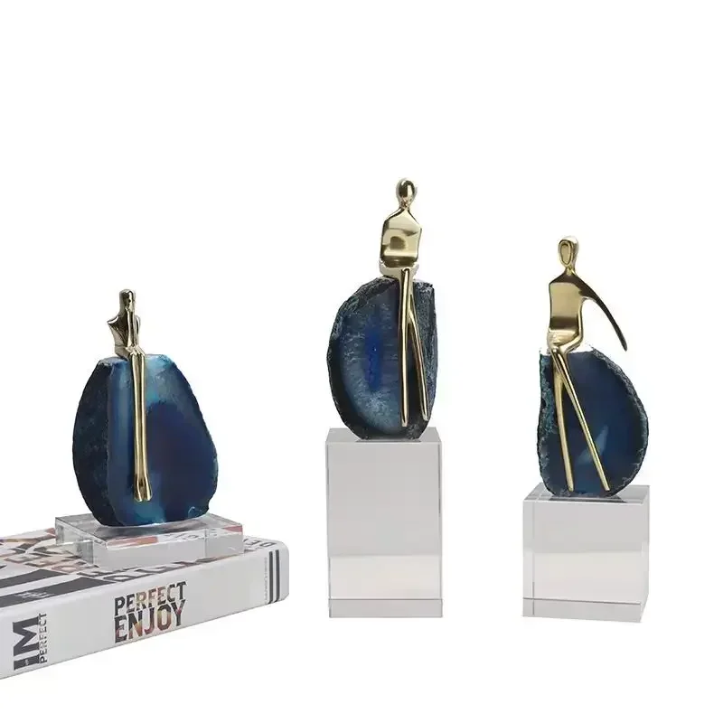 Natural Crystal Agate Crafts Ornaments Marble Base Brass Abstract Figures Sculpture Desk Decoration Creative Character Statue