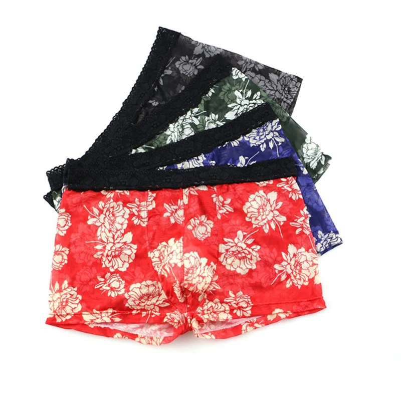 

4PCS Men's Underwear Printed Boxers Transparent Lace Breathable Underpants U Convex Breathable Floral Boxershorts