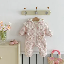 Korean Baby Autumn and Winter Jumpsuit Cute and Plush Flowers Hooded Girls Baby Clothes Winter Warm Outdoor Rompers