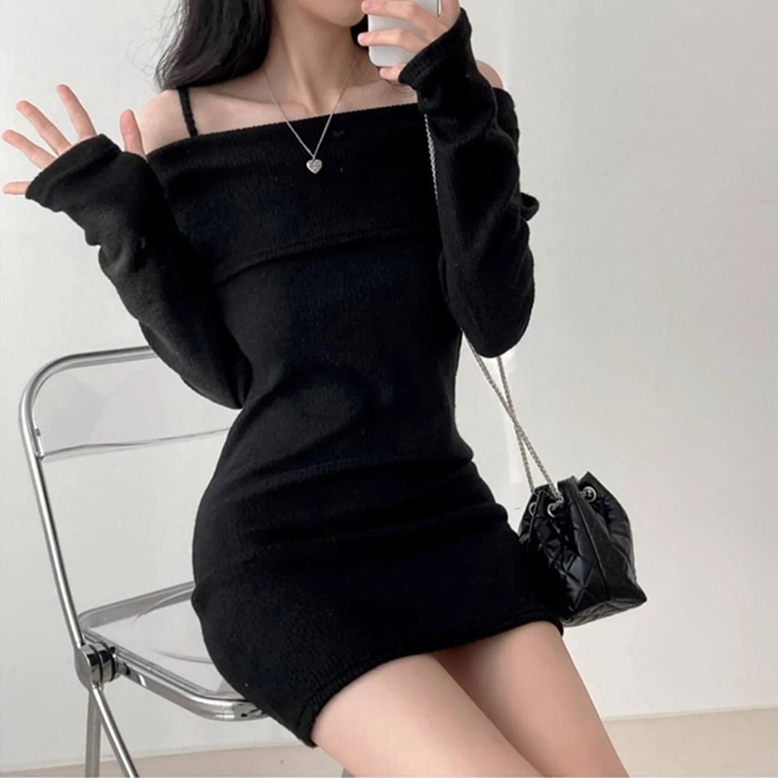 Womens Dresses Spring Fashion Cold Shoulder Lantern Sleeve Casual Plain Long Sleeve Daily Mini Knit Sweater Dress Woman Clothing