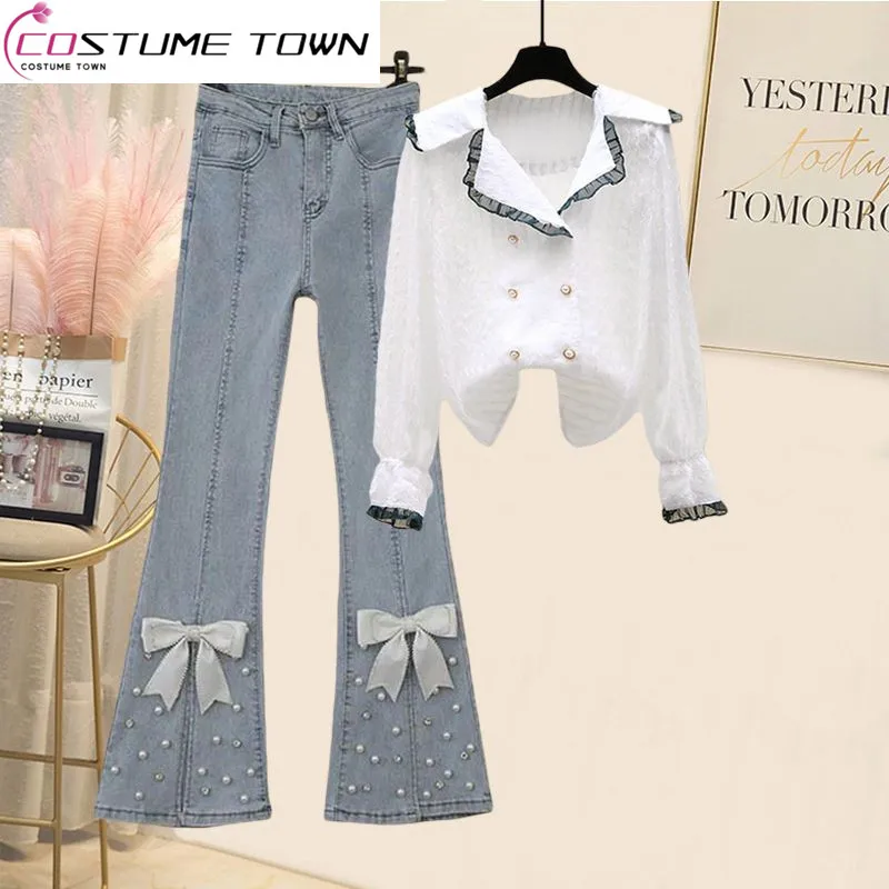 

2023 Summer New Large Women's Dress Temperament Age Reducing Fashion Set Women's Shirt High Waist Slim Jeans Two Piece Set