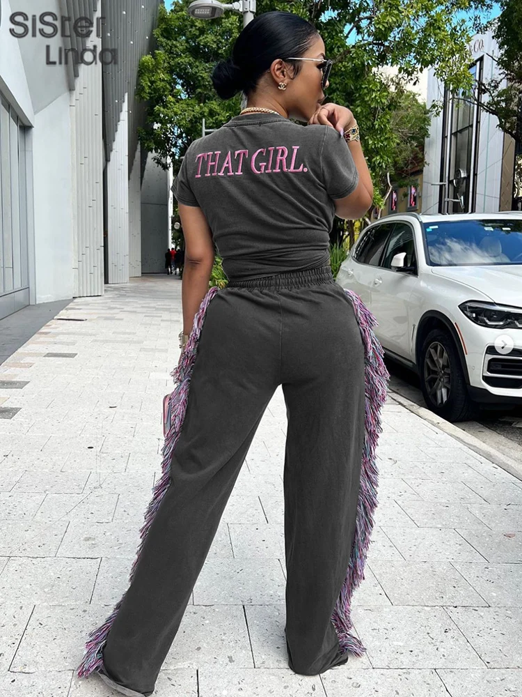 Sisterlinda Casual Sporty Women 2 Piece Sets Letter Print Short Sleeve Tops+Side Tassel Loose Straight Pants Matching Streetwear