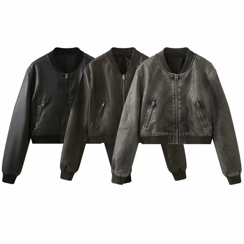 

Женская куртка-бомбер из искусственной кожи в американском мотоциклевом стиле с воротником-стойкой, короткий топ на осень