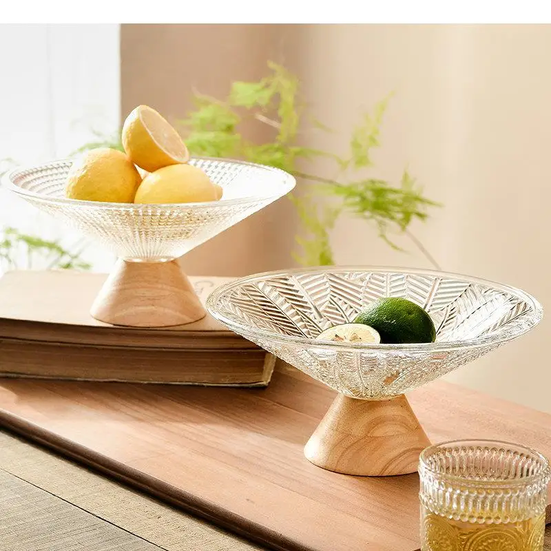 

Glass Fruit Plates Snack Candy Trays Wooden Base Home Kitchen Tabletop Simple Tableware High Feet Tray Accessories