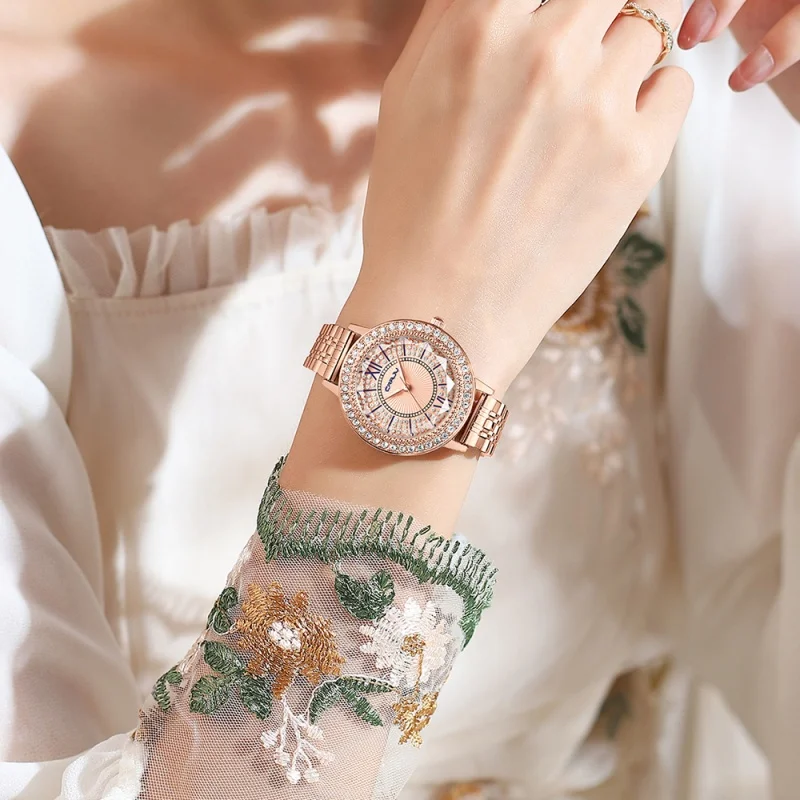 CRRJU 5001 jam tangan kuarsa wanita mewah Fashion jam tangan bisnis wanita elegan baja tahan karat tahan air kasual Dial berlian
