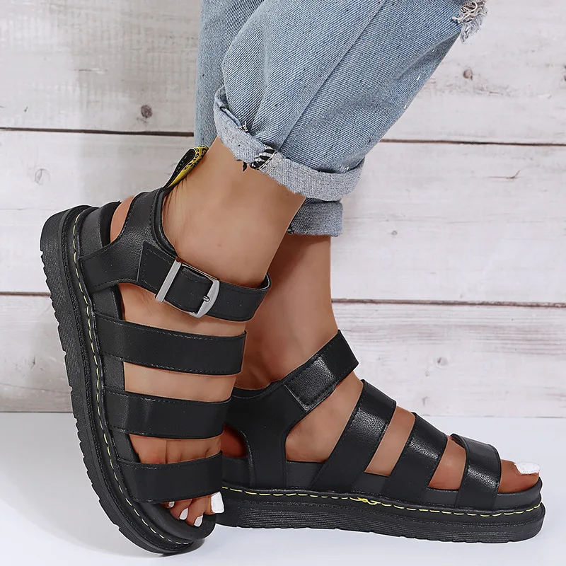 2024 New Platform Sandal Peep Toe Metal Buckle Car Stitch Roman Sandal Large Size Casual Sport Women\'s Sandal