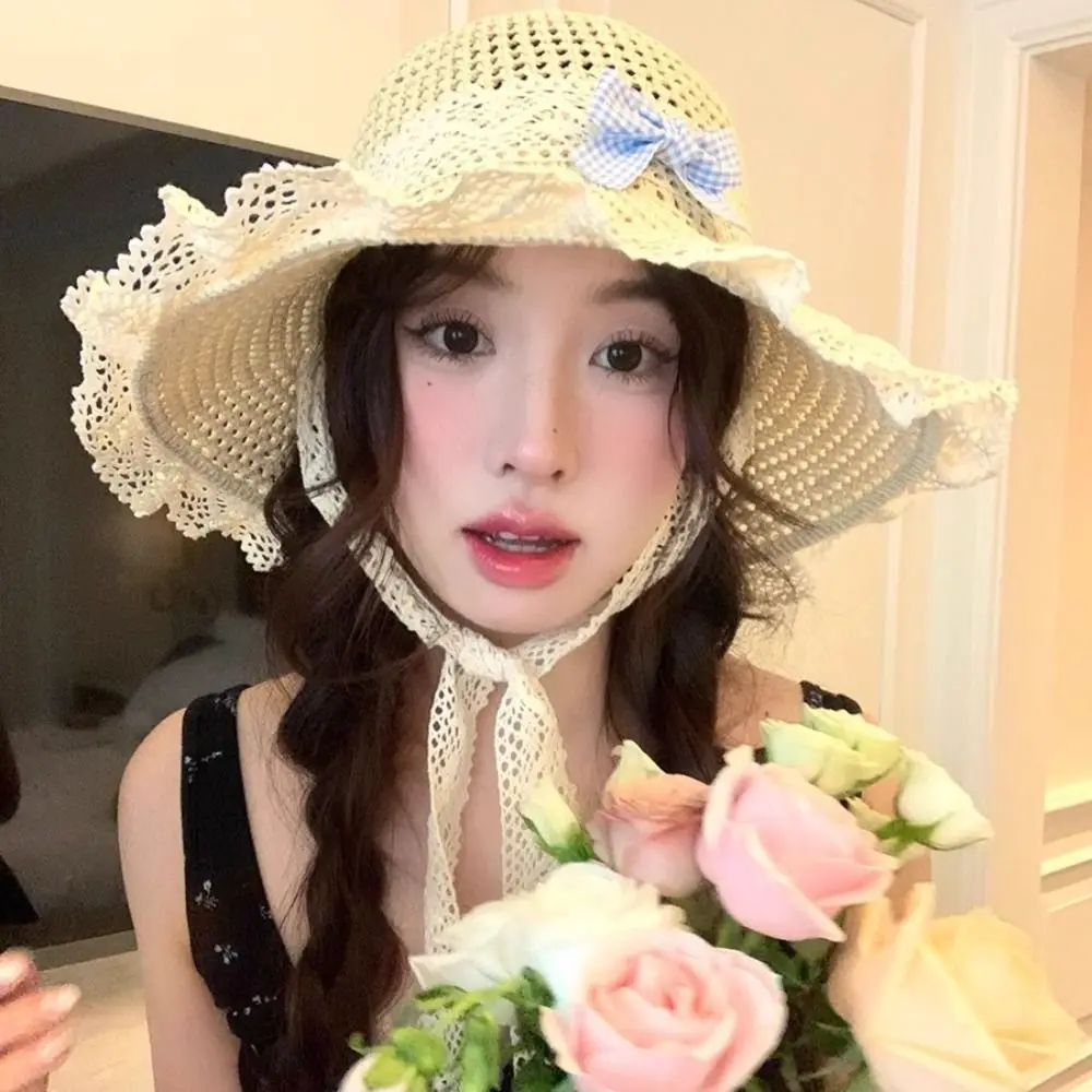 

Fashion Elegant Big Bowknot Sun Hat Sweet Wide Brim Woman's Straw Hat Breathable Hollow Weaving Lace Brim Sunshade Cap Travel