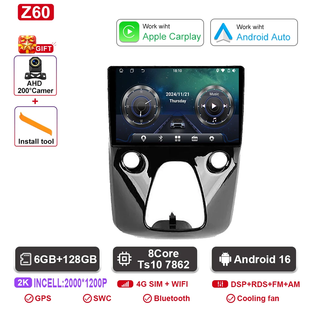 Autoradio Android navigatie GPS Android Auto stereo Carplay scherm No2 DIN DOM voor Toyota Aygo Peugeot 108 Citroen C1 2016-2020 - afbeelding 1