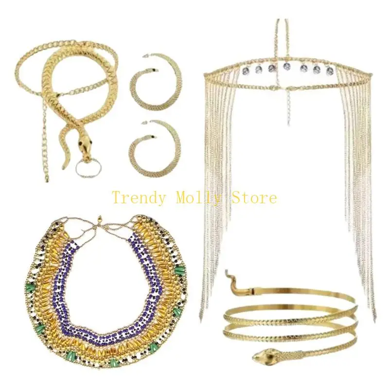 N5KB Egyptian Dress Up Accessories for Women, Head Chain, Snake Bracelet, Necklace