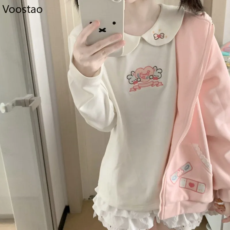 

Japanese Kawaii Lolita Style T-Shirts Women Sweet Cartoon Embroidery Peter Pan Collar Long Sleeve Tees Autumn Harajuku Y2k Tops