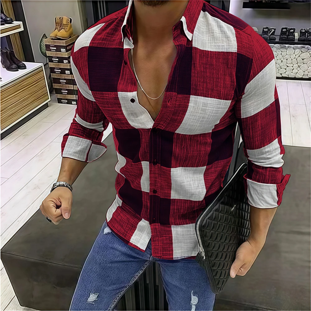 Men's long-sleeved shirt plaid shirt casual fashion comfortable high quality Korean style popular oversized men's clothing
