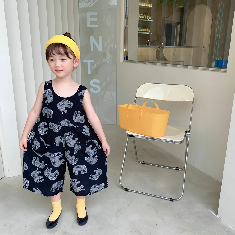 

Summer Baby Girls Leisure Sweet All-Over Elephant Print Strap Jumpsuit Kids Loose Bodysuit Child Vacation Overalls Outfit 1-8 Yr