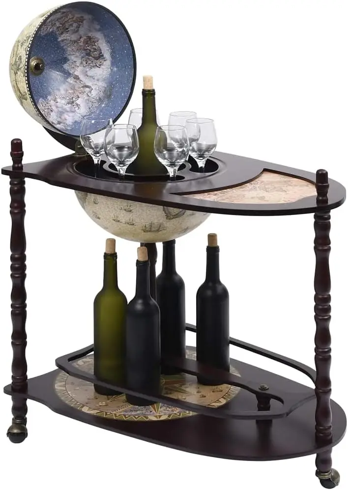 Vidaxl Freestanding Globe Bar Cabinet With Wine Storage-Eucalyptus Wood, Green And Brown, With Renaissance Era Paintings,