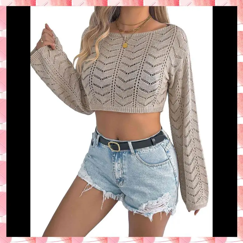 

Женские вязаные крючком блузки с круглым вырезом и длинными рукавами, накидка