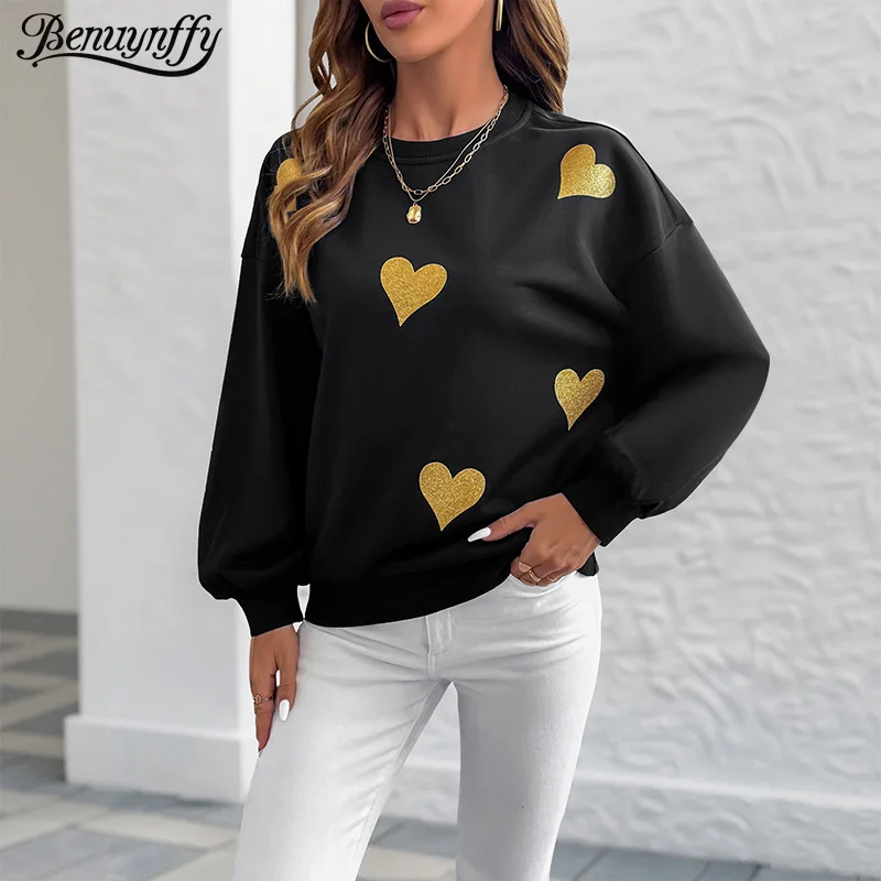 

Benuynffy Heart Print Drop Shoulder Loose Sweatshirt Women's Autumn 2025 Crew Neck Long Sleeve Sweet Casual Pullovers Top