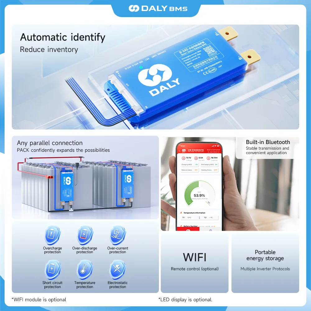 DALY 200A lifepo4 8s 24v 16s 48v BMS BT 36V 48V 60V Li-Ion LTO 18650 batería para inversor de batería de almacenamiento en el hogar