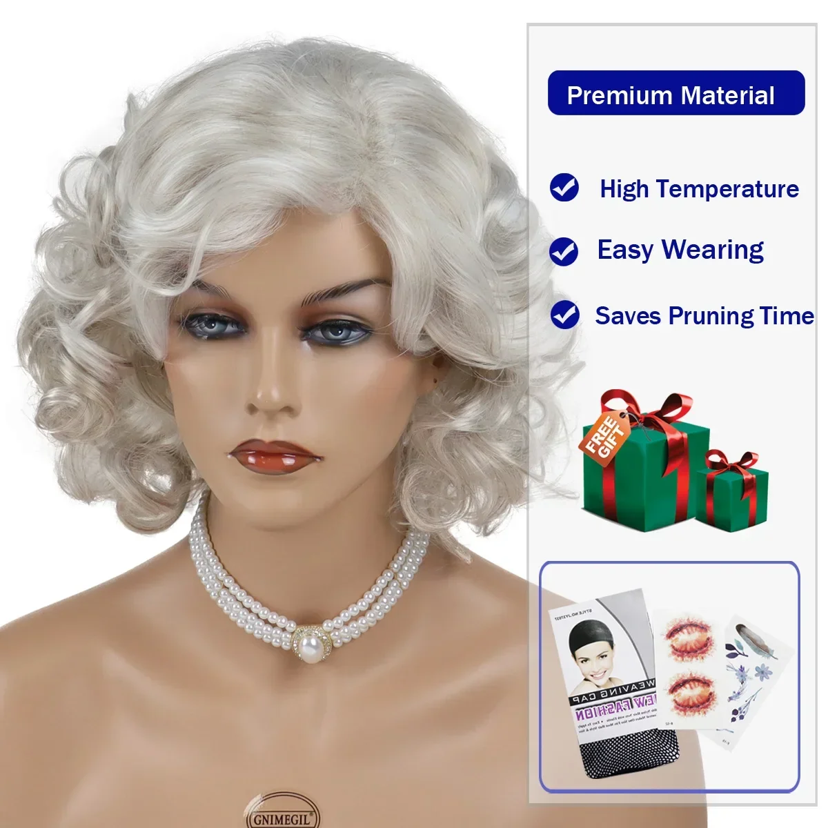 GNIMEGIL Peluca de cabello rizado corto sintético para mujer, color gris y blanco, peluca de mamá con flequillo, disfraz de fiesta, regalo de abuela