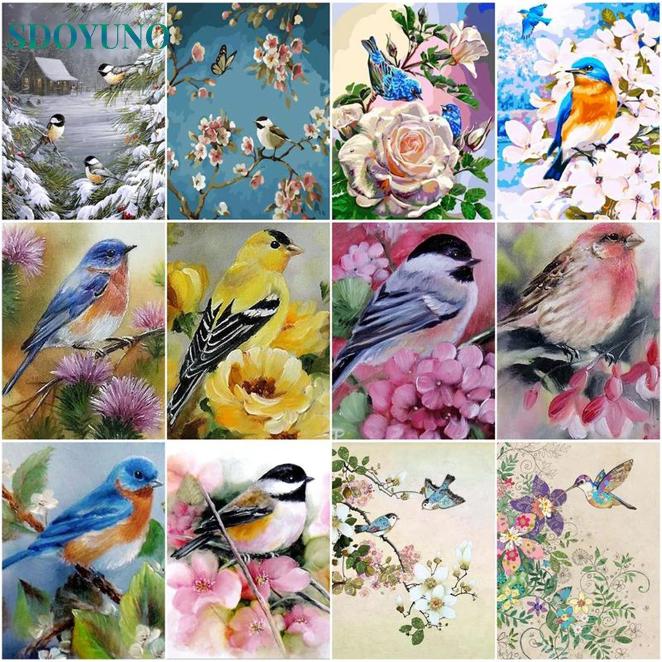 Sdoyuno Kerstcadeau Schilderij Op Nummer Kits Voor Volwassenen Acrylpigment Afbeelding Van Kleuren Op Nummer Bloem Vogel Home Decor