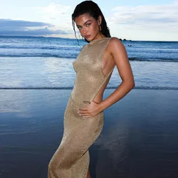 Women Fashion Sexy Gold Silk Knitted Maxi Dress Spaghetti Straps Backless Split Bodycon Vacation Beach Cover Ups Party Long Robe