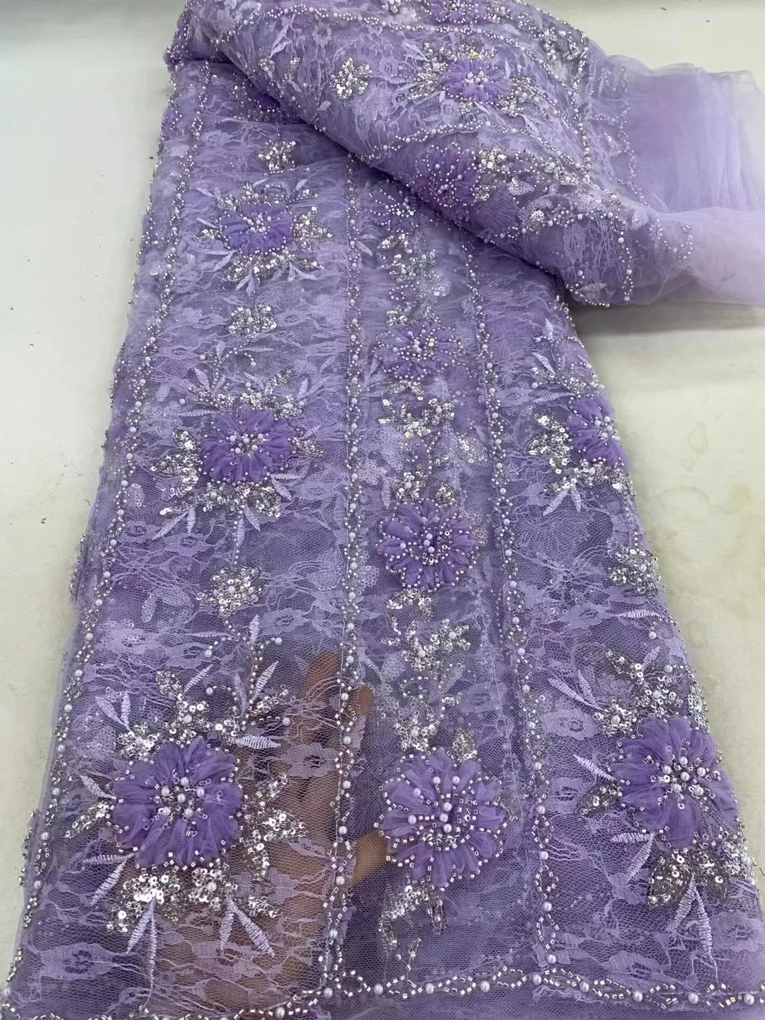 African Gorgeous Shining purple Color Lace Fabric 2024 Sequins Beaded Nigerian Bridal French Tulle Lace Fabric For Wedding Dress