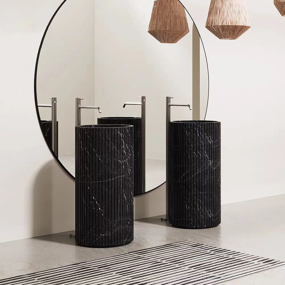 

Black & White Marble Freestanding Basin, Round Column Sink for Bathroom/Garden, Custom One-Piece Italian Minimalist Design