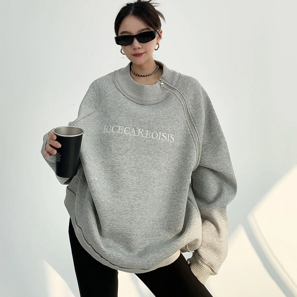 Woman Sweatshirt Letter Print O Neck Drop Shoulder Long Sleeve Hooded Tops Oversize Female Irregular Zipper Trend Loose Pullover