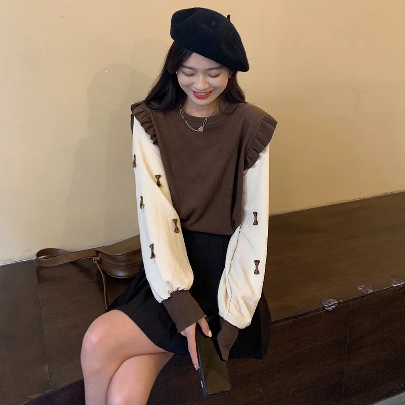 Vintage Patchwork Ruffles Knitted Sweater for Women Brown Sweet Bow O-Neck Pullover Korean Lantern Sleeve Top