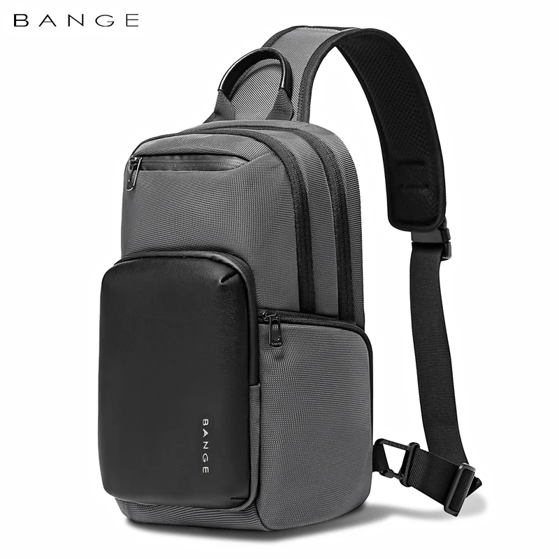 BANGE Waterproof Sling Bag for Men Black Crossbody Bags with PU Leather Front Pocket for 11 inch iPad Daily Commute Travel Bag