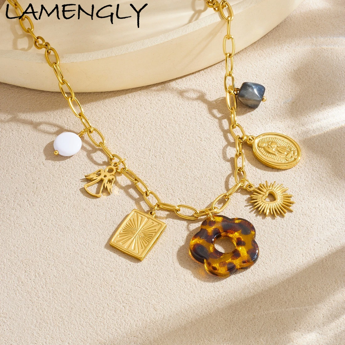 

LAMENGLY 316L Stainless Steel Retro Amber Flower Geometric Line Heart Angel Portrait Pendant Necklace Lady Western Style Jewelry